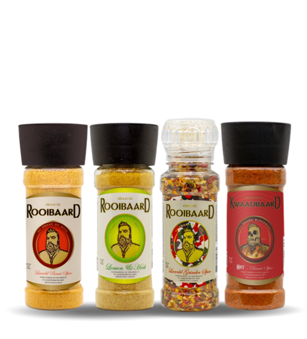 Rooibaard Braai Spice + Lemon & Herb Spice + Kwaad Spice + Grinder Spice
